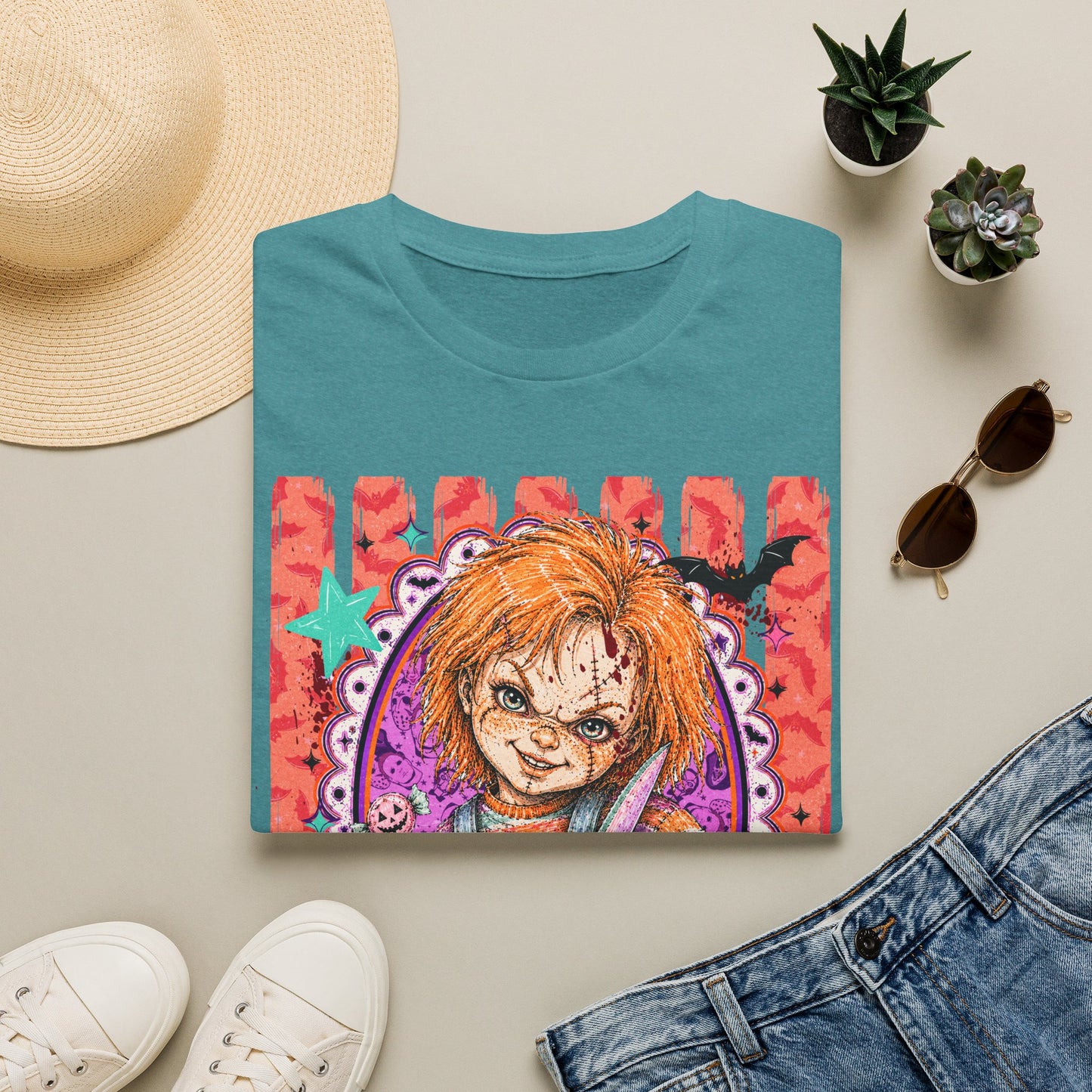 Chucky Doll Horror T-Shirt — Retro Striped Creepy Doll Graphic Tee
