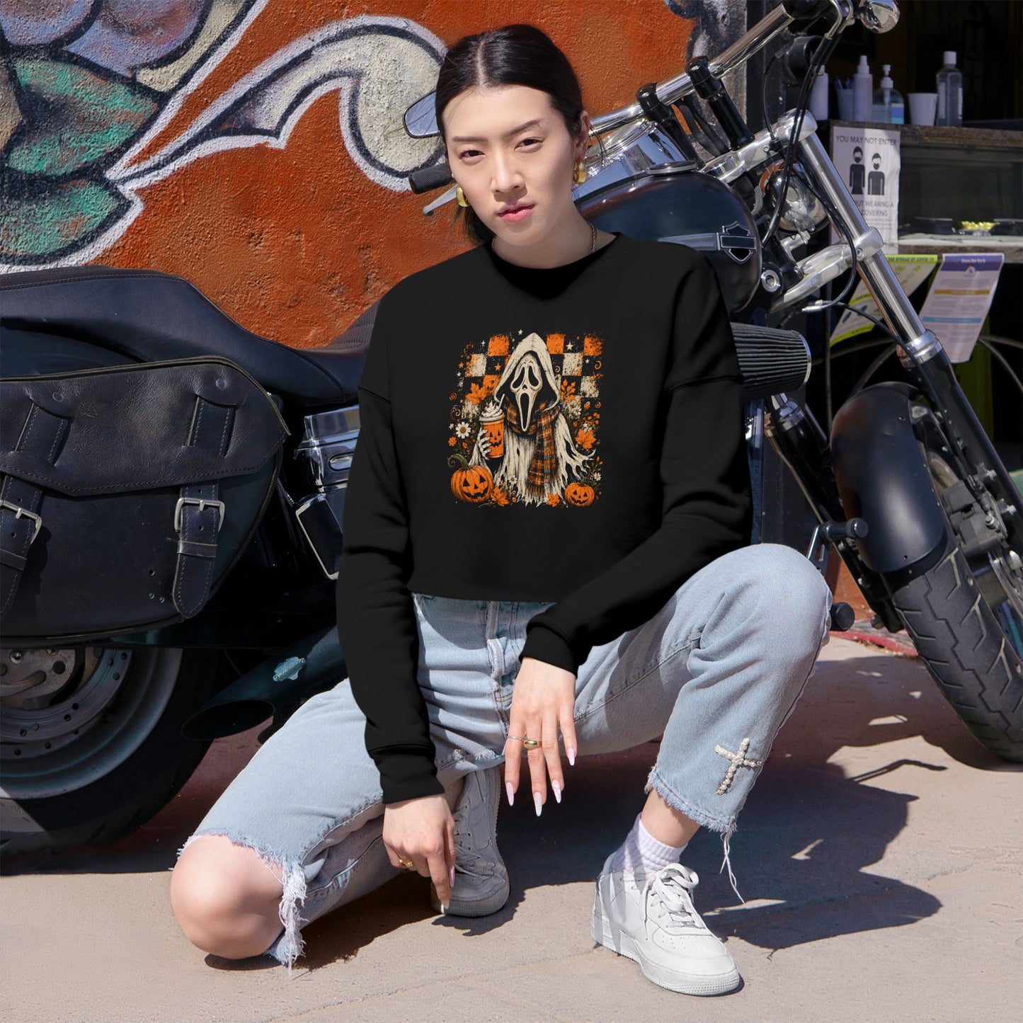 Halloween Ghost Costume Cropped Sweatshirt — Spooky Pumpkin & Ghost Design