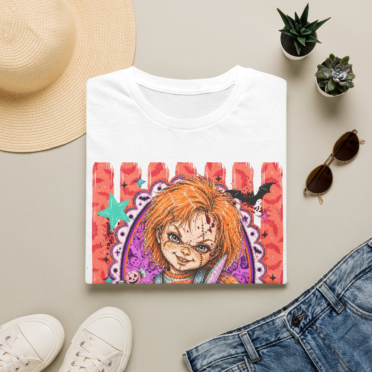 Chucky Doll Horror T-Shirt — Retro Striped Creepy Doll Graphic Tee