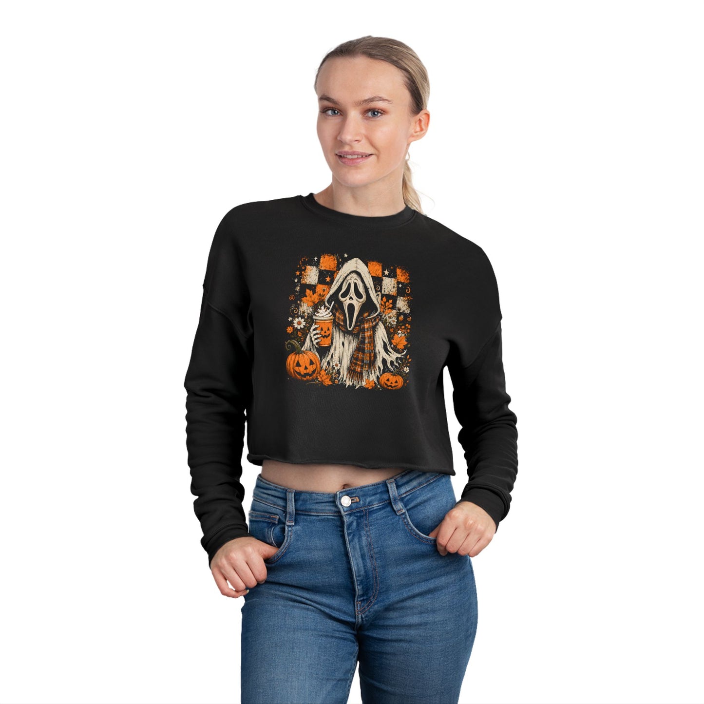 Halloween Ghost Costume Cropped Sweatshirt — Spooky Pumpkin & Ghost Design