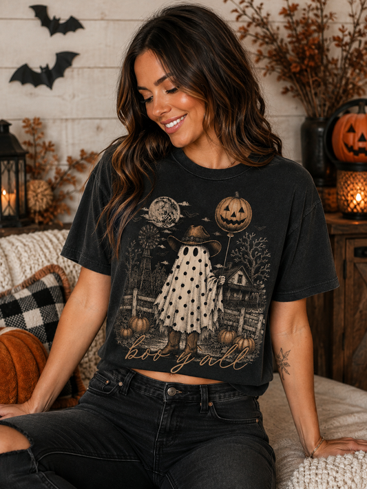 Halloween Ghost Tee — 'Boo y'all' Farmhouse Pumpkin Graphic T-Shirt