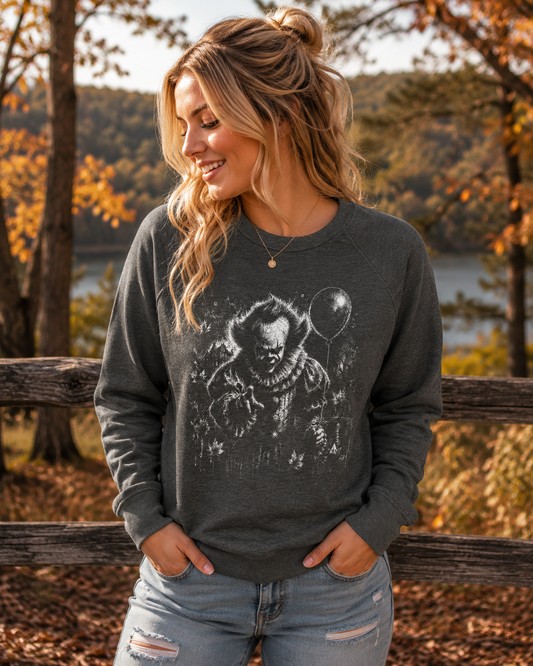 Horror Clown Crewneck Sweatshirt – Creepy Balloon Graphic for Halloween
