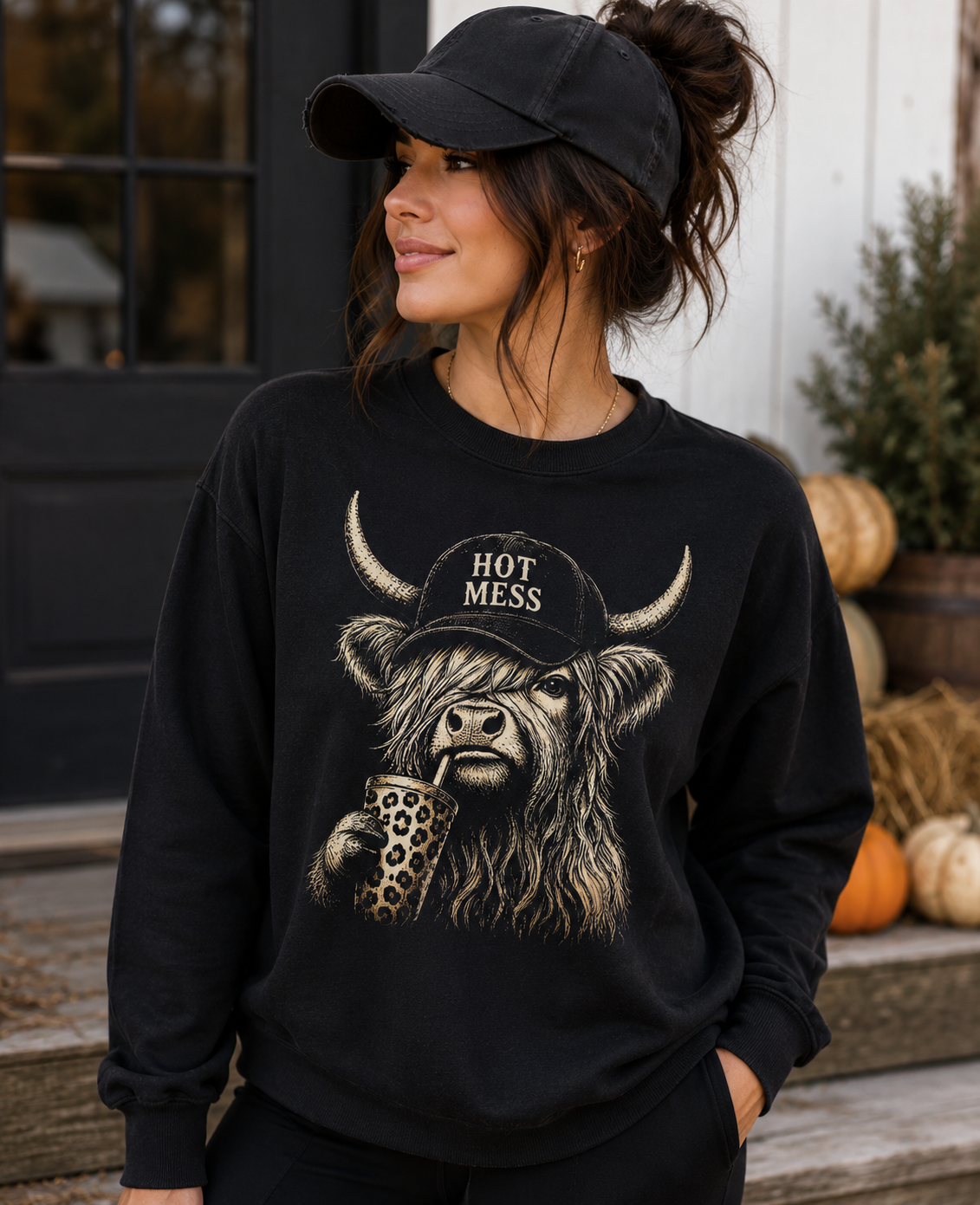 Women's 'Hot Mess' Highland Cow Crewneck Sweatshirt