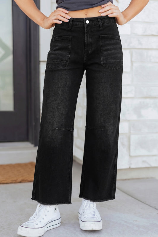 Black Frayed Cropped Straight Jeans
