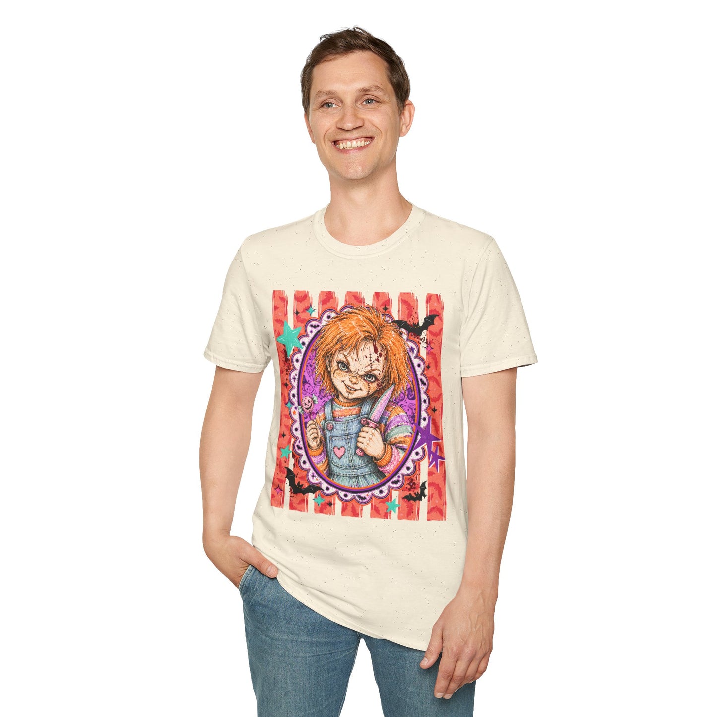 Chucky Doll Horror T-Shirt — Retro Striped Creepy Doll Graphic Tee