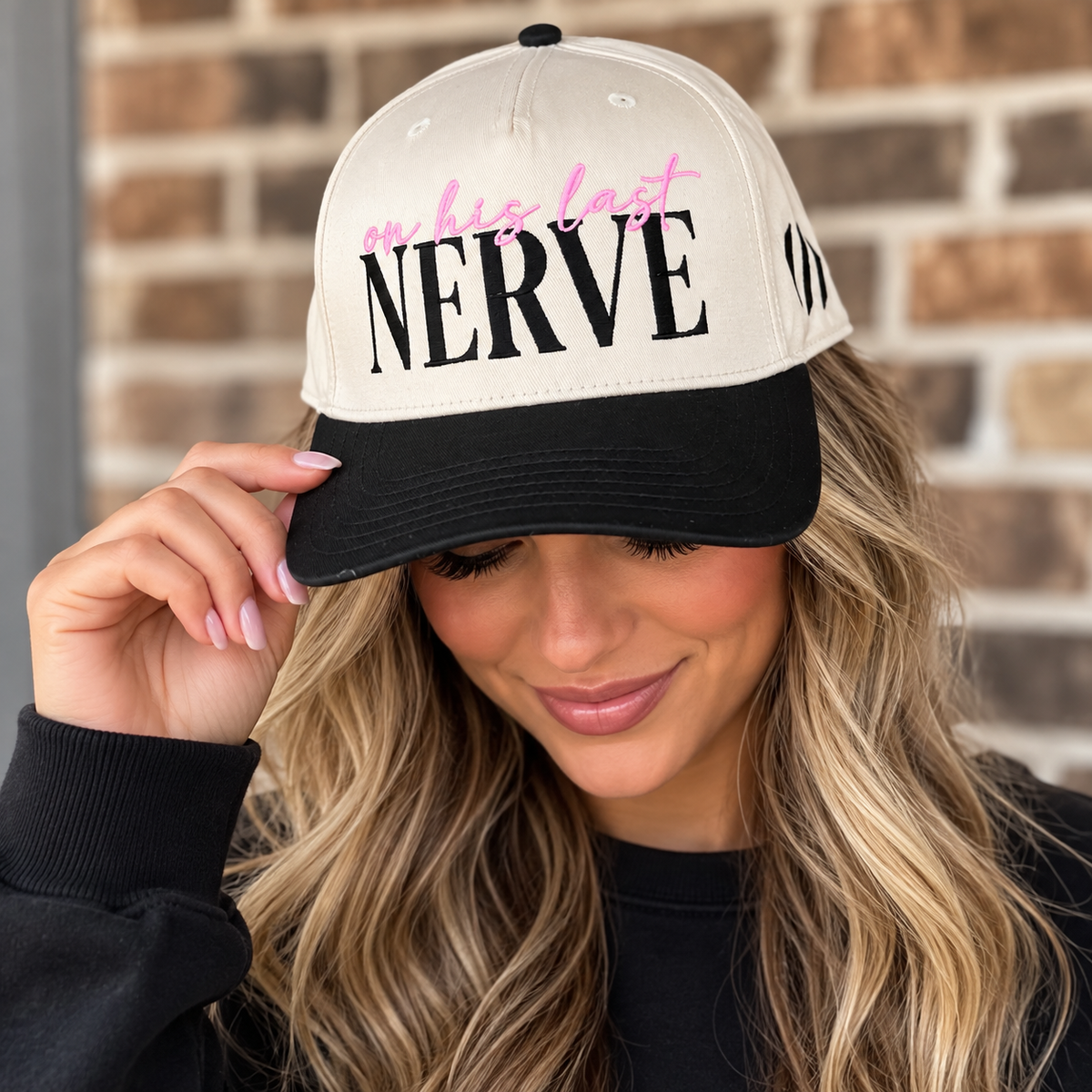 On His Last Nerve Black Embroidered Snapback Hat | Funny Wife Trucker Cap