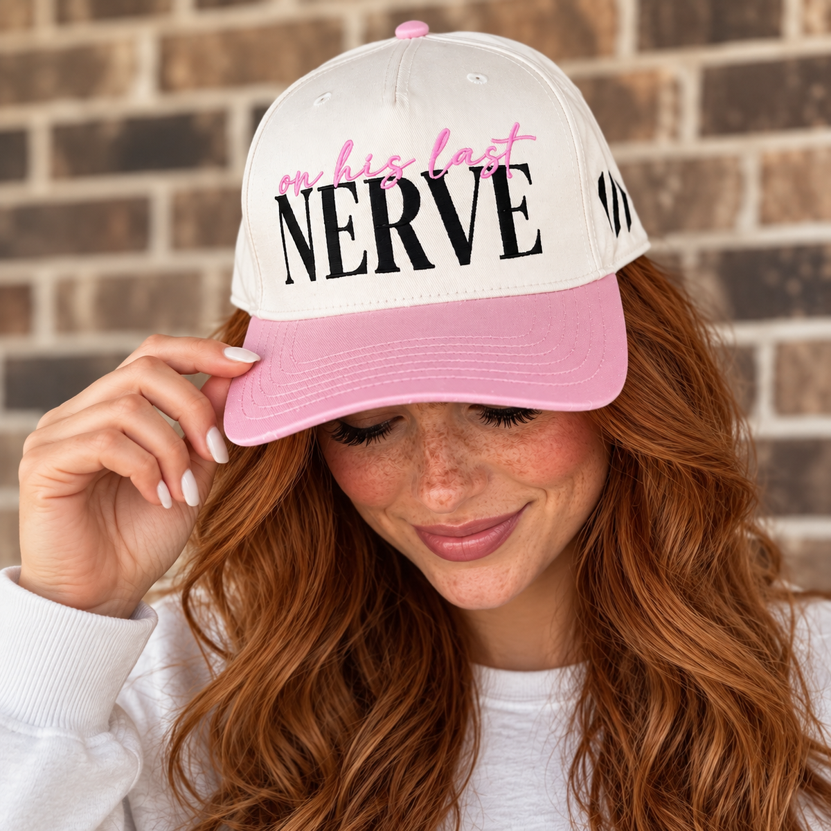 On His Last Nerve Pink Embroidered Snapback Hat | Funny Wife Trucker Cap